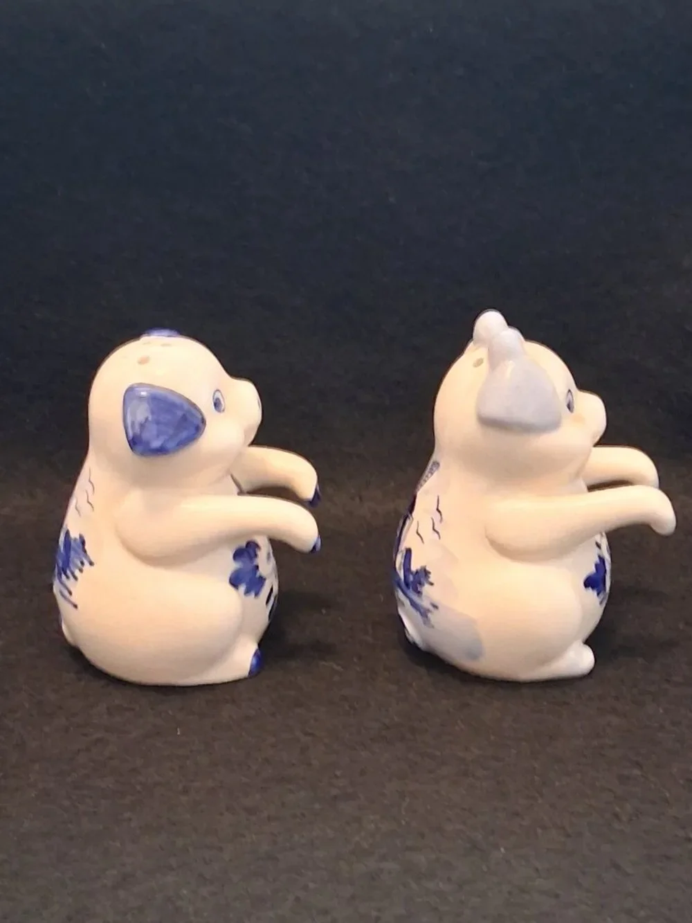 Vintage (1960s - 1980s) Delft Blue Pig Salt & Pepper Shakers Windmill Floral Set